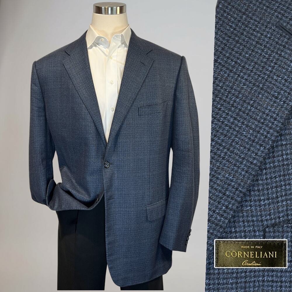 Corneliani Cashmere & Wool 50-52L Blue Houndstooth Plaid Sport Coat Blazer